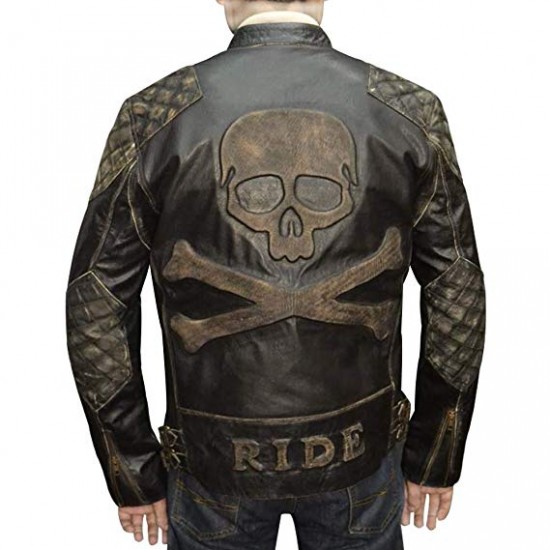 NEW Men’s Biker Reinforced Vintage Distressed Black with Skull Leather Jacket