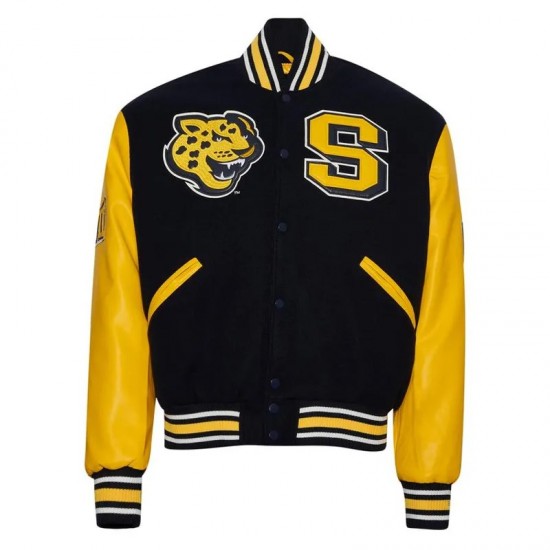 Southern University Jaguars Black & Gold Varsity Jacket - Unisex Wool & Leather Southern University Jaguars Black & Gold Varsity Jacket - Unisex Wool & Leather