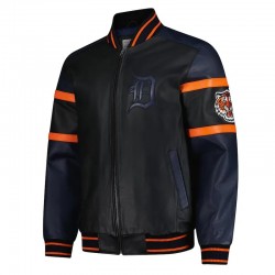 Striped Detroit Tigers Varsity Black and Navy Full-Zip Leather Jacket Striped Detroit Tigers Varsity Black and Navy Full-Zip Leather Jacket