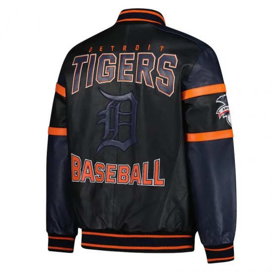Striped Detroit Tigers Varsity Black and Navy Full-Zip Leather Jacket Striped Detroit Tigers Varsity Black and Navy Full-Zip Leather Jacket