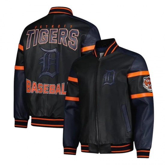 Striped Detroit Tigers Varsity Black and Navy Full-Zip Leather Jacket Striped Detroit Tigers Varsity Black and Navy Full-Zip Leather Jacket