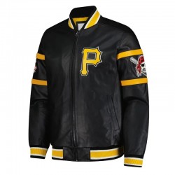 Striped Pittsburgh Pirates Varsity Full-Zip Black Leather Jacket Striped Pittsburgh Pirates Varsity Full-Zip Black Leather Jacket