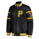Striped Pittsburgh Pirates Varsity Full-Zip Black Leather Jacket Striped Pittsburgh Pirates Varsity Full-Zip Black Leather Jacket