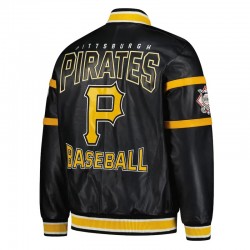 Striped Pittsburgh Pirates Varsity Full-Zip Black Leather Jacket Striped Pittsburgh Pirates Varsity Full-Zip Black Leather Jacket