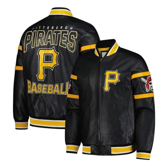 Striped Pittsburgh Pirates Varsity Full-Zip Black Leather Jacket Striped Pittsburgh Pirates Varsity Full-Zip Black Leather Jacket