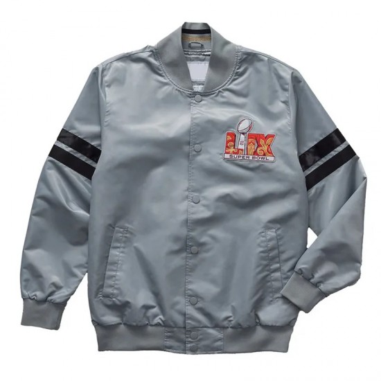 Super Bowl LIX Gray Varsity Satin Jacket Super Bowl LIX Gray Varsity Satin Jacket