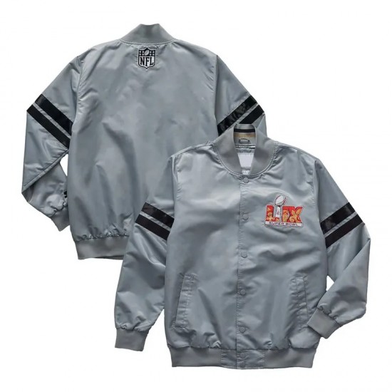 Super Bowl LIX Gray Varsity Satin Jacket Super Bowl LIX Gray Varsity Satin Jacket