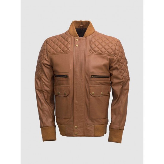 Tan Quilted Bomber Leather Jacket for Men - Abbronzatura