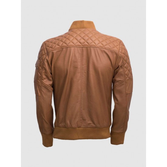 Tan Quilted Bomber Leather Jacket for Men - Abbronzatura