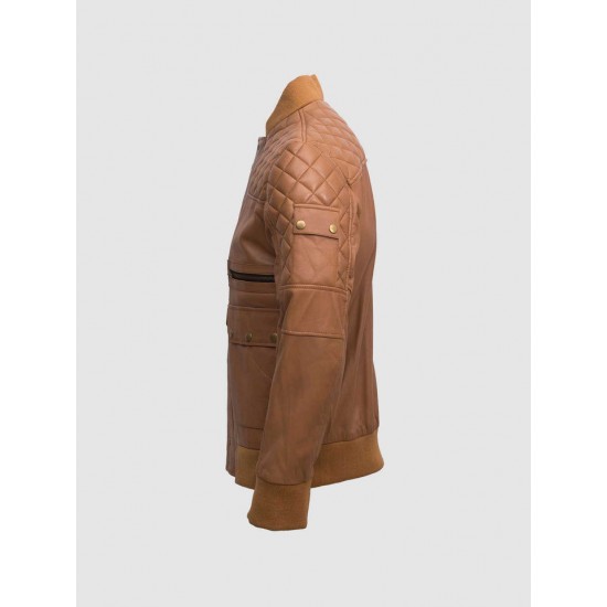 Tan Quilted Bomber Leather Jacket for Men - Abbronzatura