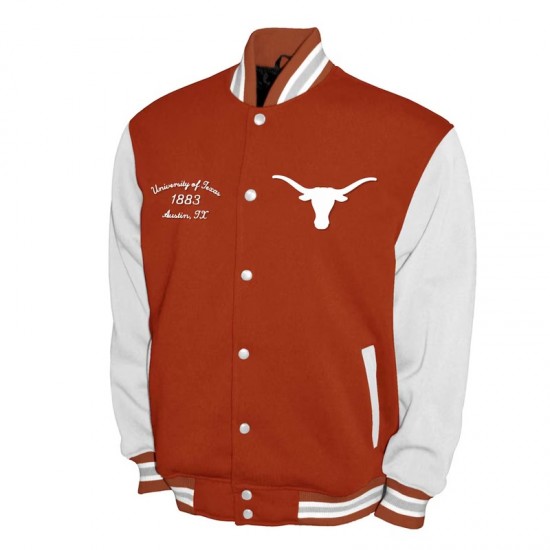 Texas Longhorns Fleece Burnt Orange and White Varsity Jacket Texas Longhorns Fleece Burnt Orange and White Varsity Jacket