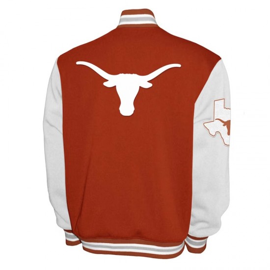 Texas Longhorns Fleece Burnt Orange and White Varsity Jacket Texas Longhorns Fleece Burnt Orange and White Varsity Jacket