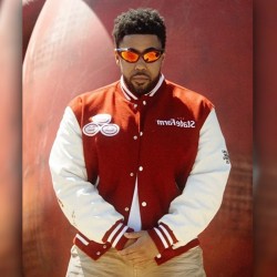 Travis Scott State Farm Burgundy and White Varsity Jacket Travis Scott State Farm Burgundy and White Varsity Jacket