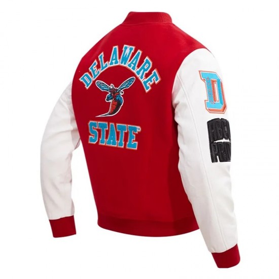 University Delaware State Red and White Varsity Jacket University Delaware State Red and White Varsity Jacket