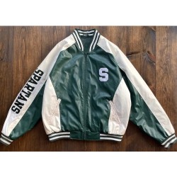 University of Michigan State Spartans Varsity Green and White Leather Jacket University of Michigan State Spartans Varsity Green and White Leather Jacket