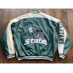 University of Michigan State Spartans Varsity Green and White Leather Jacket University of Michigan State Spartans Varsity Green and White Leather Jacket