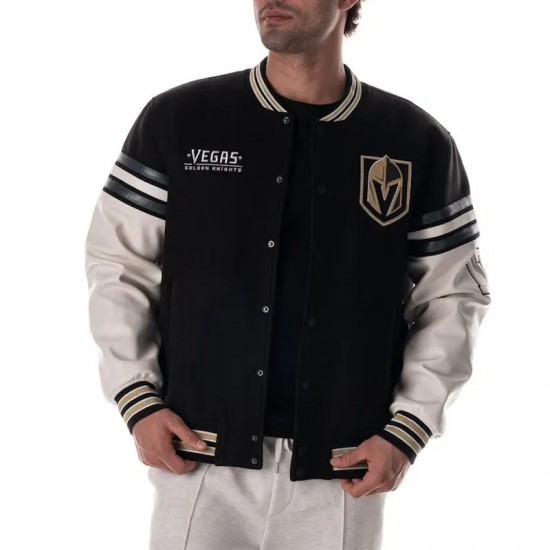 Vegas Golden Knights Drop Shoulder Black Varsity Jacket Vegas Golden Knights Drop Shoulder Black Varsity Jacket