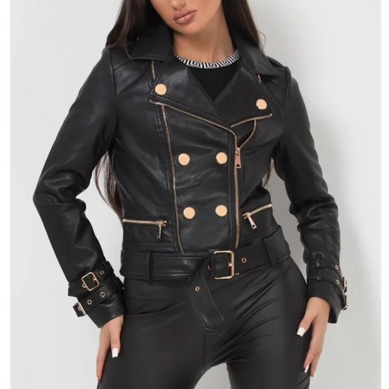 Women’s Black Belted Leather Jacket with Gold Button Detail Women’s Black Belted Leather Jacket with Gold Button Detail