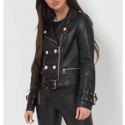 Women’s Black Belted Leather Jacket with Gold Button Detail