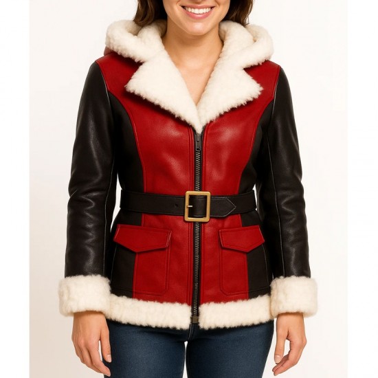 Women’s Christmas Festive Red and Black Winter Shearling Leather Jacket