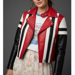 Women’s Genuine Red White and Black Leather Striped Moto Jacket