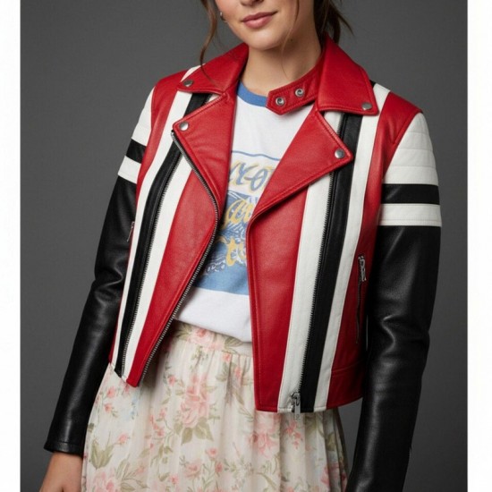 Women’s Genuine Red White and Black Leather Striped Moto Jacket Women’s Genuine Red White and Black Leather Striped Moto Jacket
