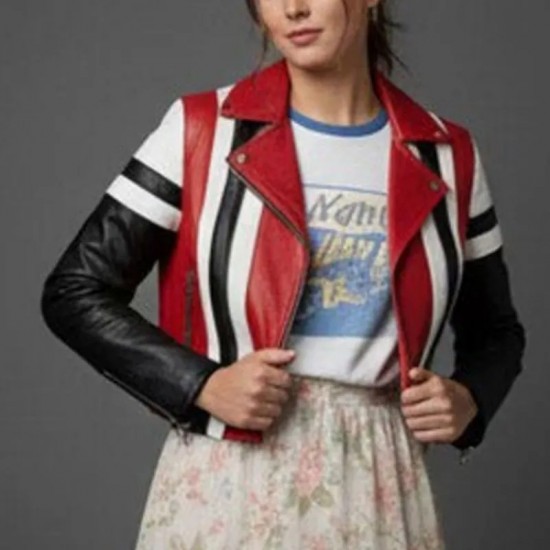 Women’s Genuine Red White and Black Leather Striped Moto Jacket Women’s Genuine Red White and Black Leather Striped Moto Jacket