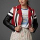 Women’s Genuine Red White and Black Leather Striped Moto Jacket Women’s Genuine Red White and Black Leather Striped Moto Jacket