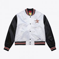 Women’s Houston Astros Cropped White and Black Satin Jacket Women’s Houston Astros Cropped White and Black Satin Jacket