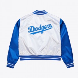 Women’s LA Dodgers Cropped White and Blue Satin Jacket Women’s LA Dodgers Cropped White and Blue Satin Jacket