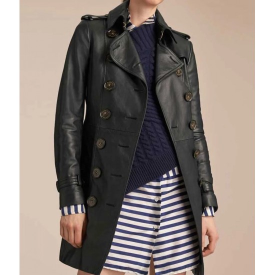 Women’s Mid-Length Double Breasted Black Leather Coat