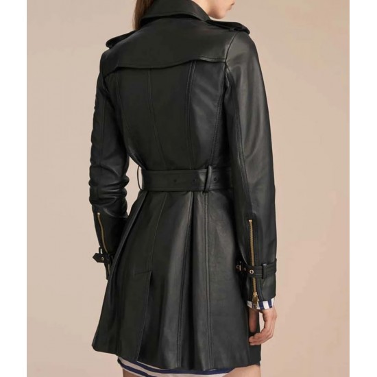 Women’s Mid-Length Double Breasted Black Leather Coat