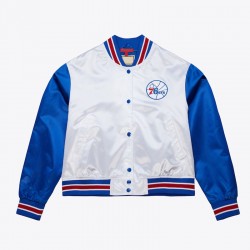 Women’s Philadelphia 76ers Cropped White and Blue Satin Jacket Women’s Philadelphia 76ers Cropped White and Blue Satin Jacket