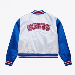 Women’s Philadelphia 76ers Cropped White and Blue Satin Jacket Women’s Philadelphia 76ers Cropped White and Blue Satin Jacket