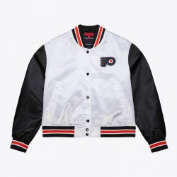 Women’s Philadelphia Flyers Cropped White and Black Satin Jacket Women’s Philadelphia Flyers Cropped White and Black Satin Jacket
