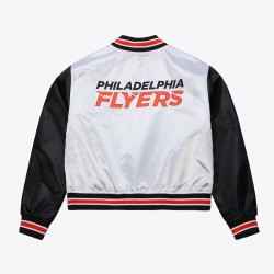 Women’s Philadelphia Flyers Cropped White and Black Satin Jacket Women’s Philadelphia Flyers Cropped White and Black Satin Jacket