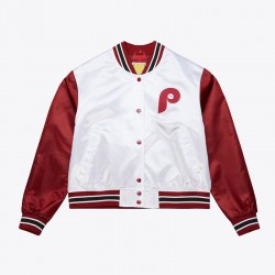 Women’s Philadelphia Phillies Cropped White and Red Satin Jacket Women’s Philadelphia Phillies Cropped White and Red Satin Jacket