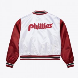 Women’s Philadelphia Phillies Cropped White and Red Satin Jacket Women’s Philadelphia Phillies Cropped White and Red Satin Jacket