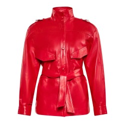 Women’s Red Long Belted Leather Jacket Women’s Red Long Belted Leather Jacket