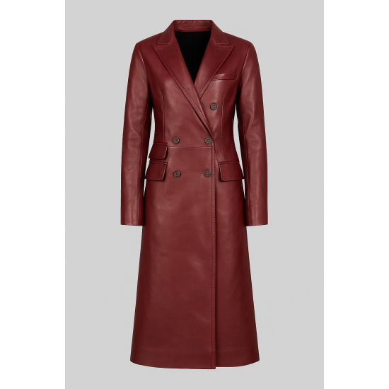 Zendaya Style Burgundy Double-Breasted Leather Trench Coat Zendaya Style Burgundy Double-Breasted Leather Trench Coat