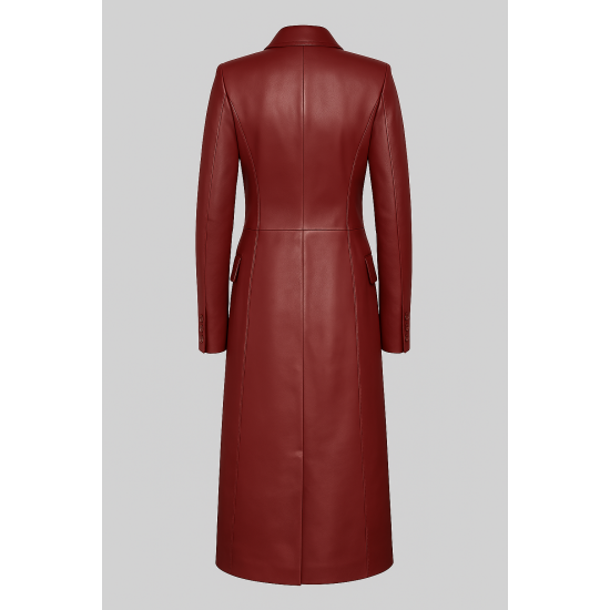 Zendaya Style Burgundy Double-Breasted Leather Trench Coat Zendaya Style Burgundy Double-Breasted Leather Trench Coat