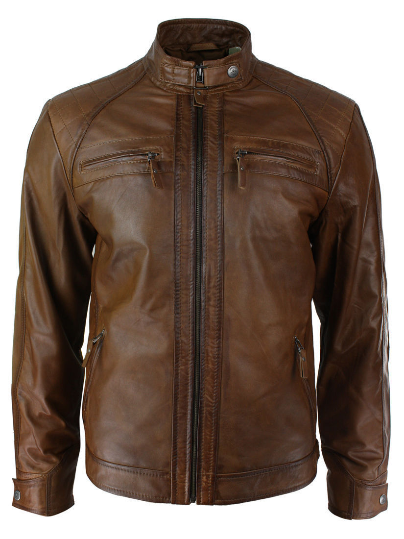 NEW Men's Distressed Brown Motorcycle Biker Real Sheepskin Leather Jacket