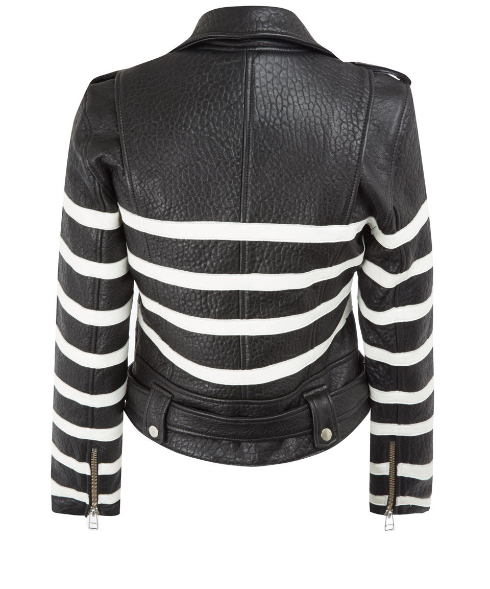 New Women's Black and White Striped Leather Biker Jacket