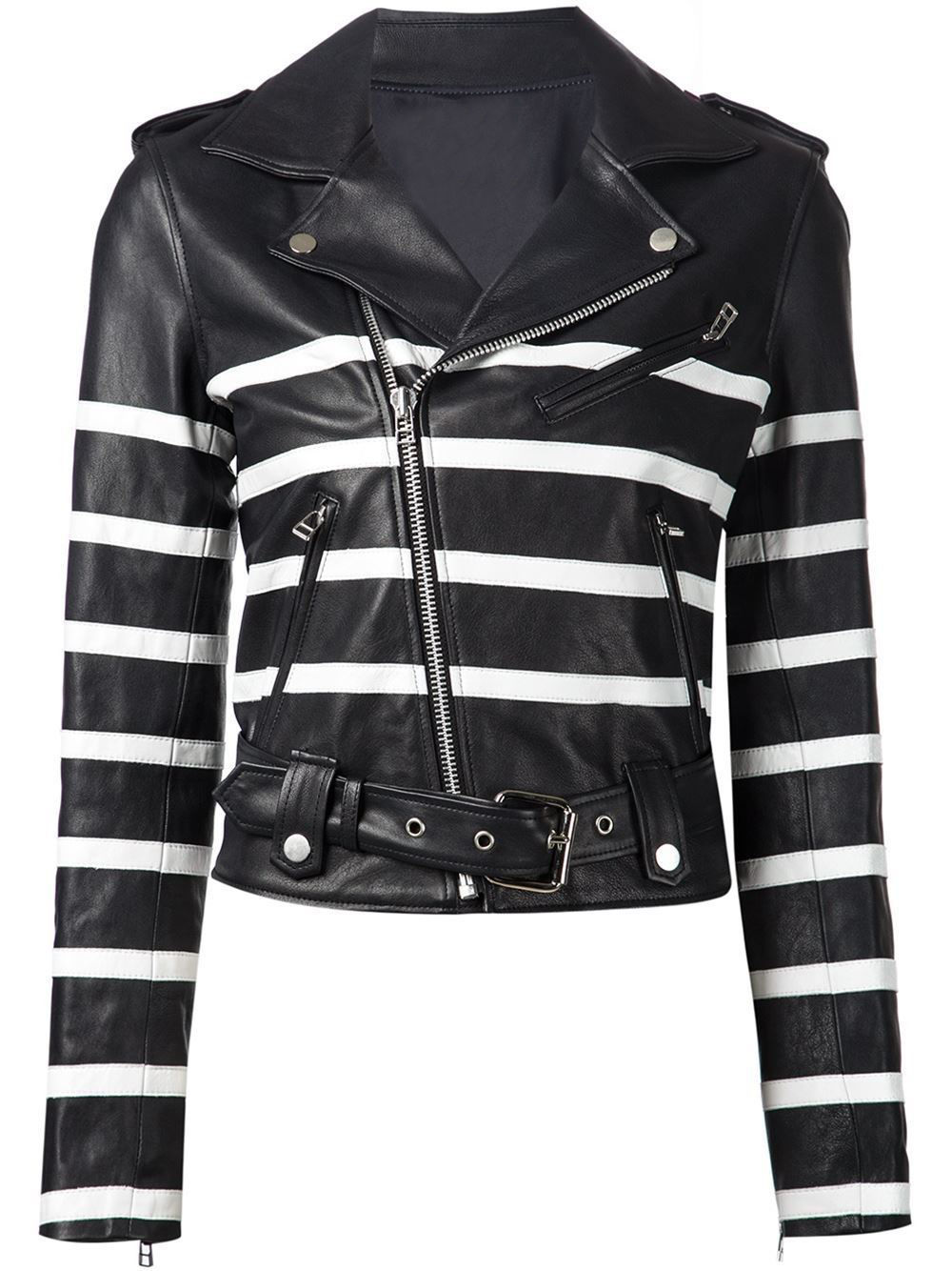 New Women S Black And White Striped Leather Biker Jacket
